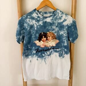 Fiorucci Blue Tie Dye Angels Graphic T-Shirt XS Cotton Short Sleeve Tee